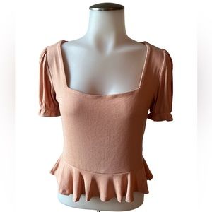 Lulus NWT Pep Squad Blush Ribbed Puff Sleeve Peplum Top